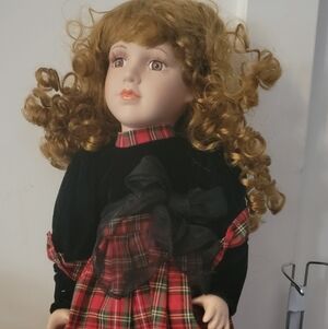 Limited Edition Red Curly Hair Porcelain Doll With Red Plaid Dress